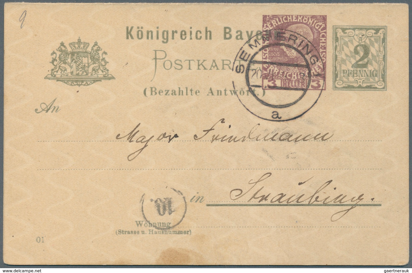 Bayern - Ganzsachen: 1908, Doppelkarte 2+2 Pf Rauten, Type I, Fragekarte Mit Zudruck Eines österr. 3 - Autres & Non Classés