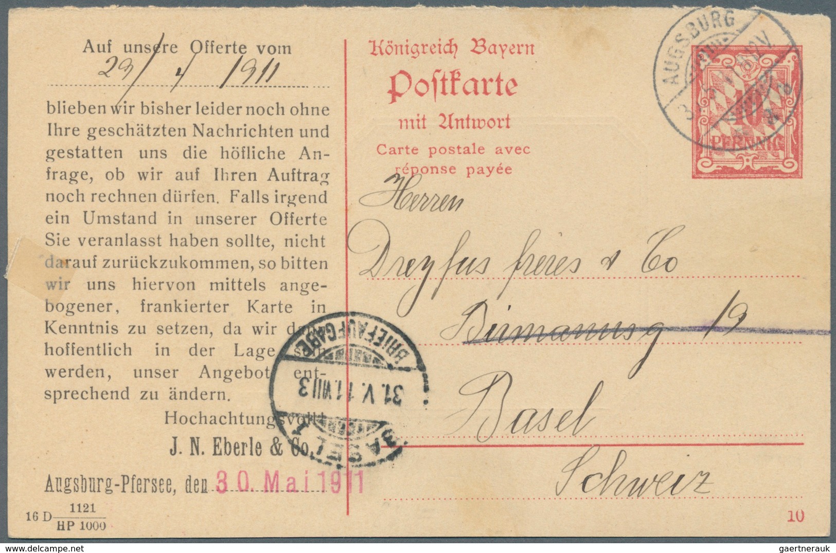 Bayern - Ganzsachen: 1911, Fragekarte 10 Pf Rauten, Mit Bildzudruck "Finis - Die Beste Metallsäge", - Autres & Non Classés