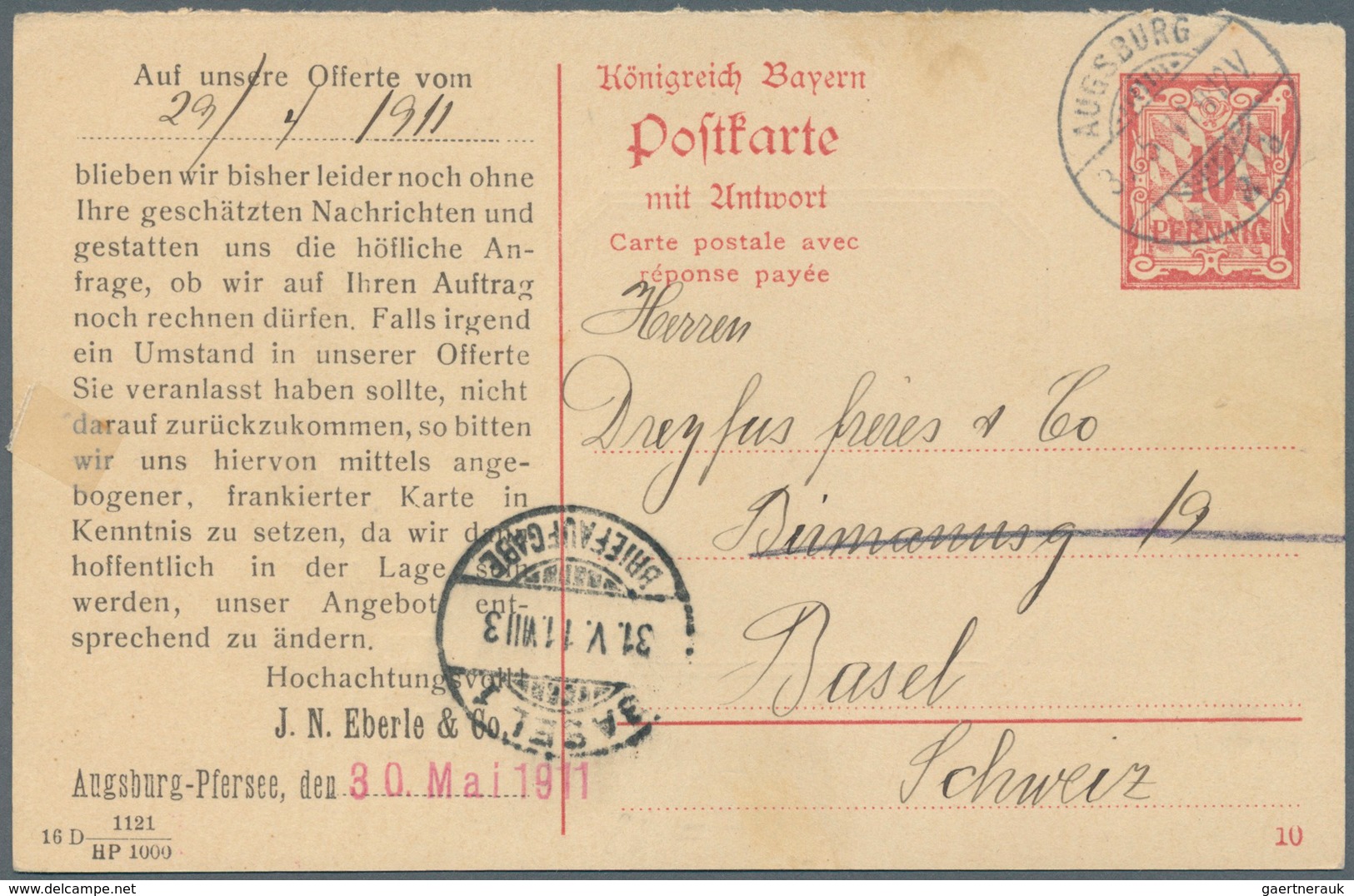 Bayern - Ganzsachen: 1911, Fragekarte 10 Pf Rauten, Mit Bildzudruck "Finis - Die Beste Metallsäge", - Sonstige & Ohne Zuordnung