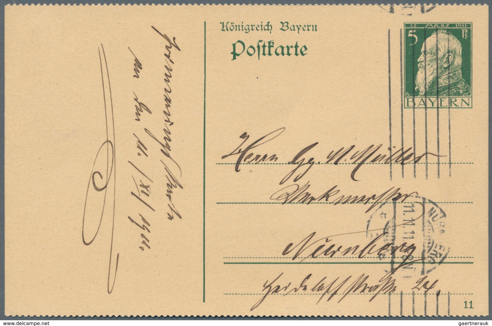 Bayern - Ganzsachen: 1911, Postkarte 5 Pf Luitpold, Mit DV "11", Oben Und Unten Gezähnt (privat?), G - Autres & Non Classés