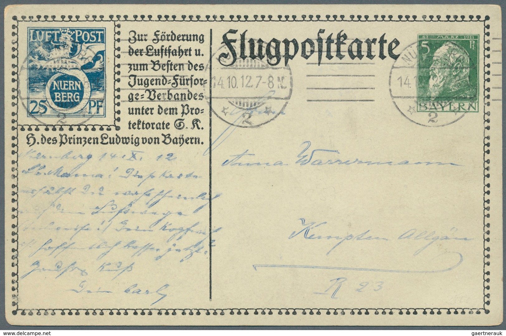 Bayern - Ganzsachen: 1912, Flugpostkarte 5 Pf + 25 Pf Nürnberg, Bedarfsgebraucht Mit Tagesstpl. "Mün - Andere & Zonder Classificatie