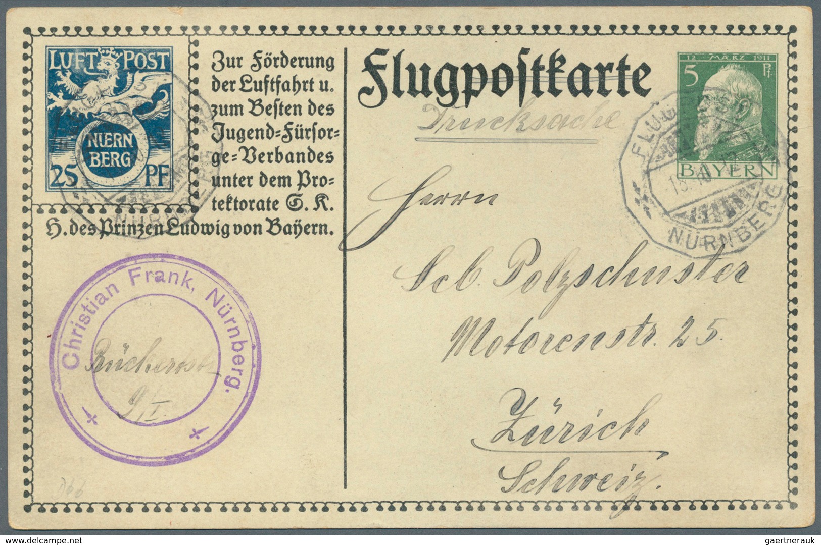 Bayern - Ganzsachen: 1912, Flugpostkarte 5 Pf + 25 Pf Nürnberg, Gebraucht Als Drucksache Mit Flugpos - Autres & Non Classés