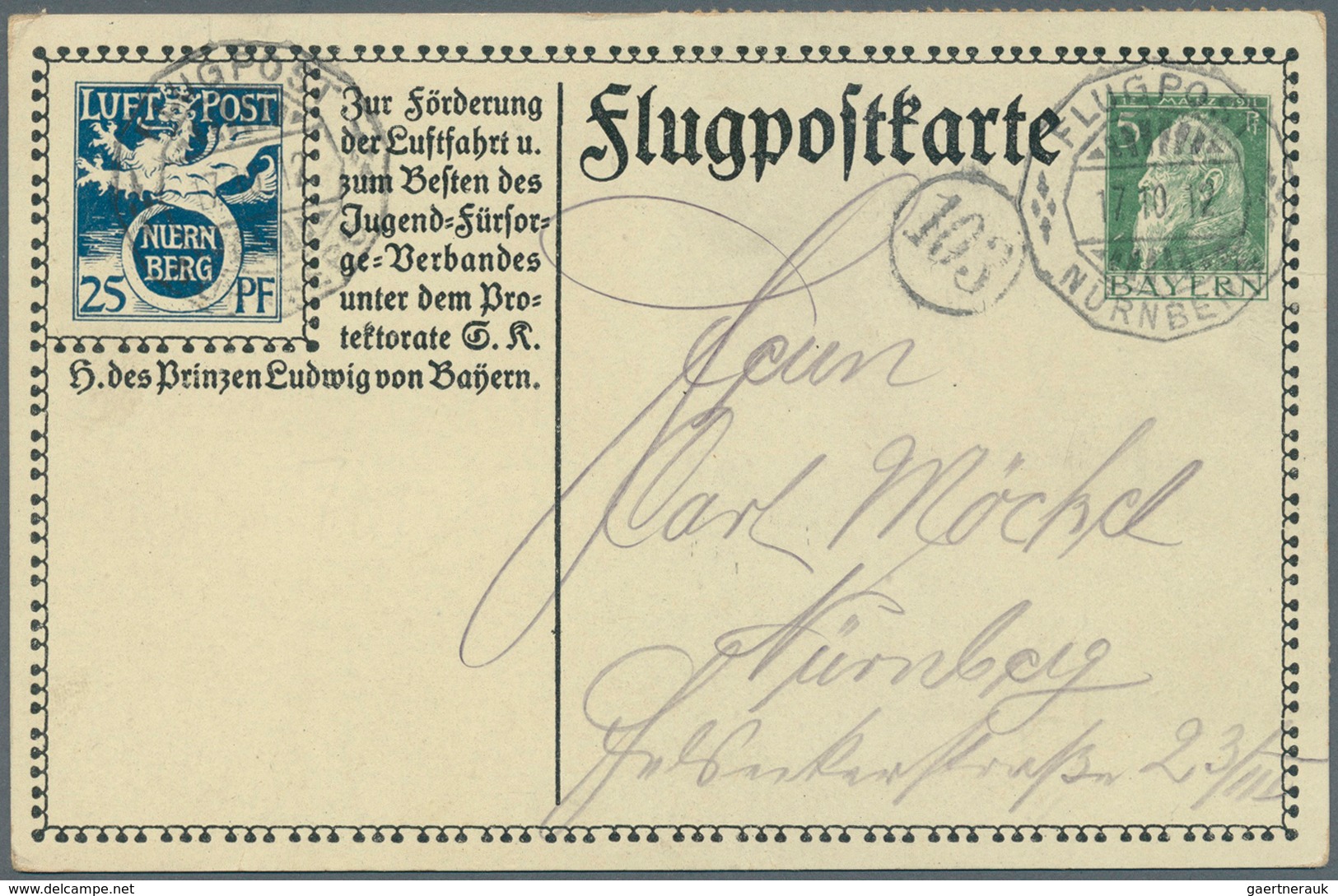 Bayern - Ganzsachen: 1912, Flugpostkarte 5 Pf + 25 Pf Nürnberg, Gebraucht Mit Flugpost "München 17.1 - Other & Unclassified