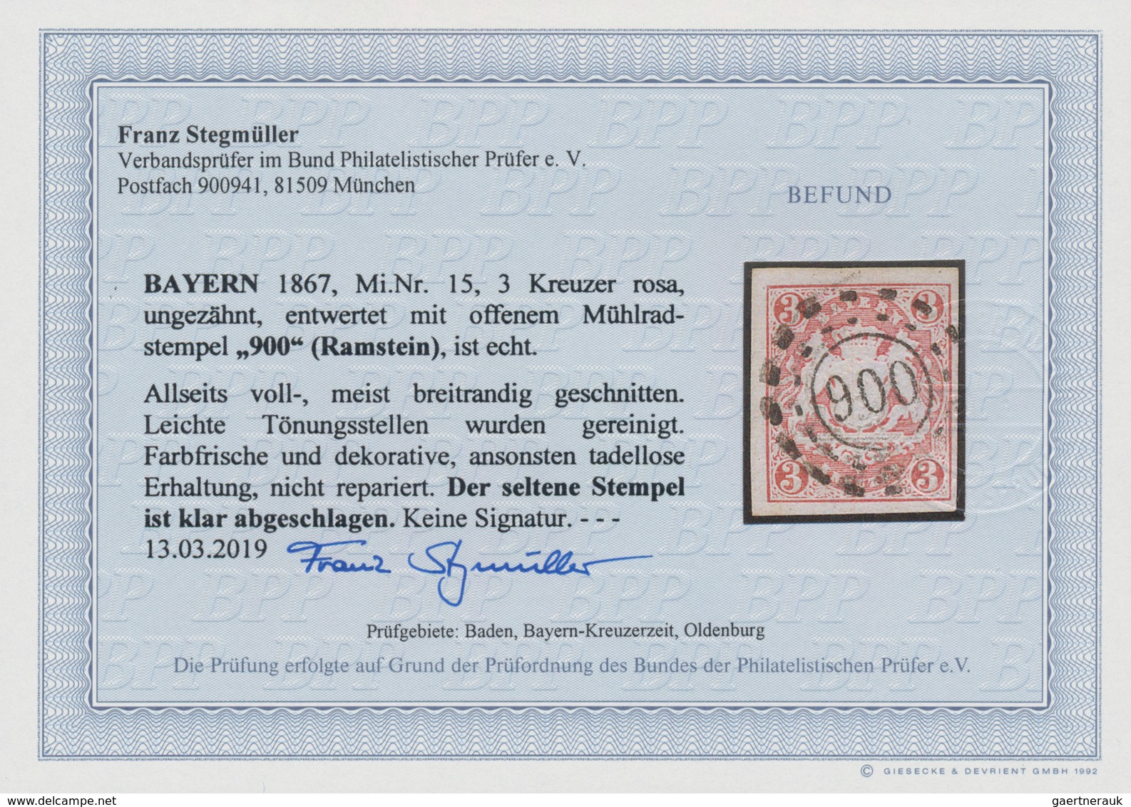 Bayern - Offene Mühlradstempel: 1867, "900" OMR RAMSTEIN Ideal Zentrisch Abgeschlagen Auf 3 Kreuzer - Other & Unclassified
