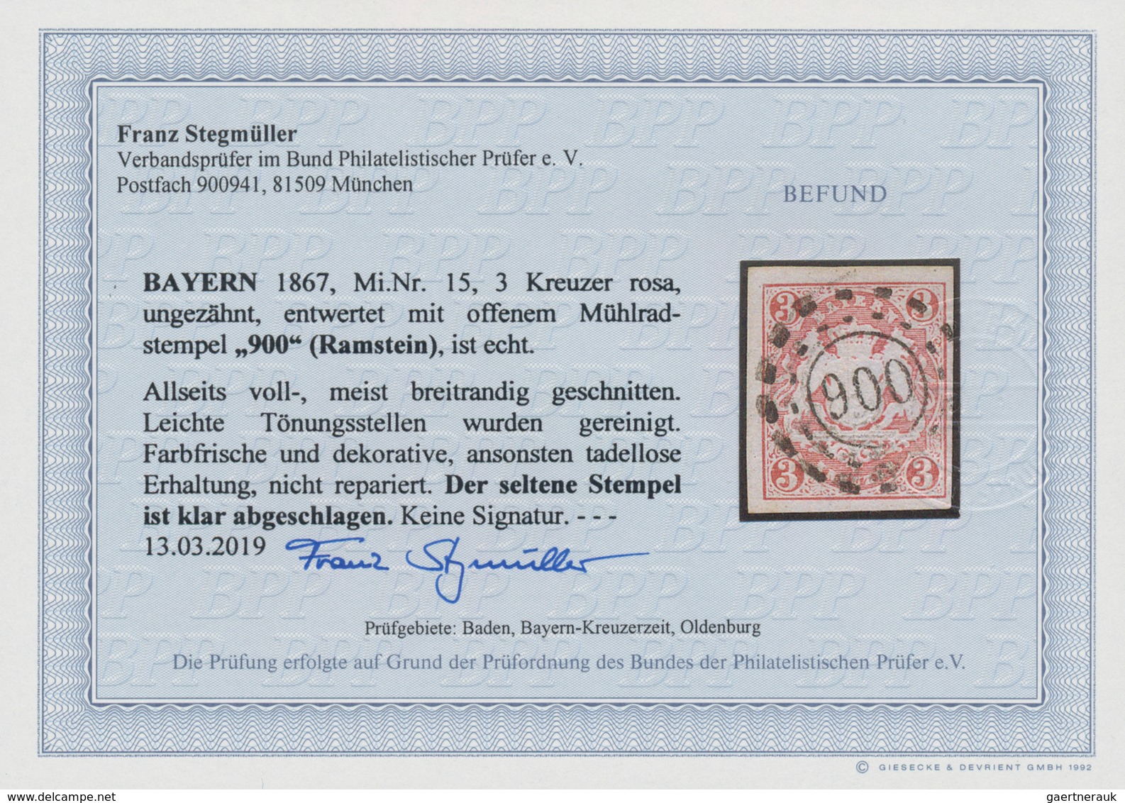 Bayern - Offene Mühlradstempel: 1867, "900" OMR RAMSTEIN Ideal Zentrisch Abgeschlagen Auf 3 Kreuzer - Sonstige & Ohne Zuordnung