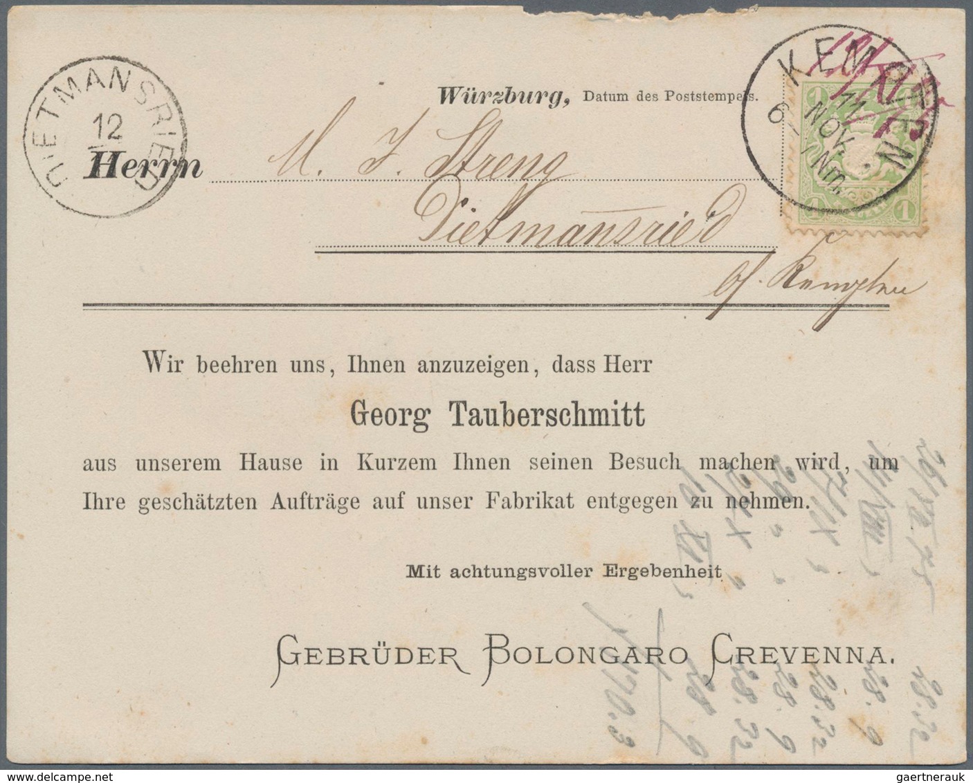 Bayern - Ortsstempel: KEMPTEN: 1869, 4 interessante Drucksachen aus Kempten mit 4 verschiedenen Stem