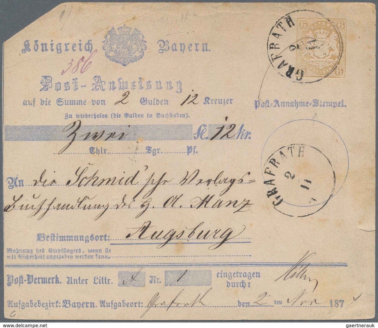 Bayern - Postanweisungen: 1874, 6 Kr Braun Type II Entwertet Mit K1 GRAFRATH über 2 Gulden Und 12 Kr - Other & Unclassified
