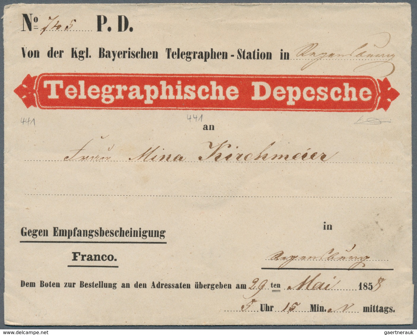 Bayern - Besonderheiten: 1858/1880, "Telegraphische Depesche" Umschlag In Regensburg 1858 Gelaufen U - Sonstige & Ohne Zuordnung