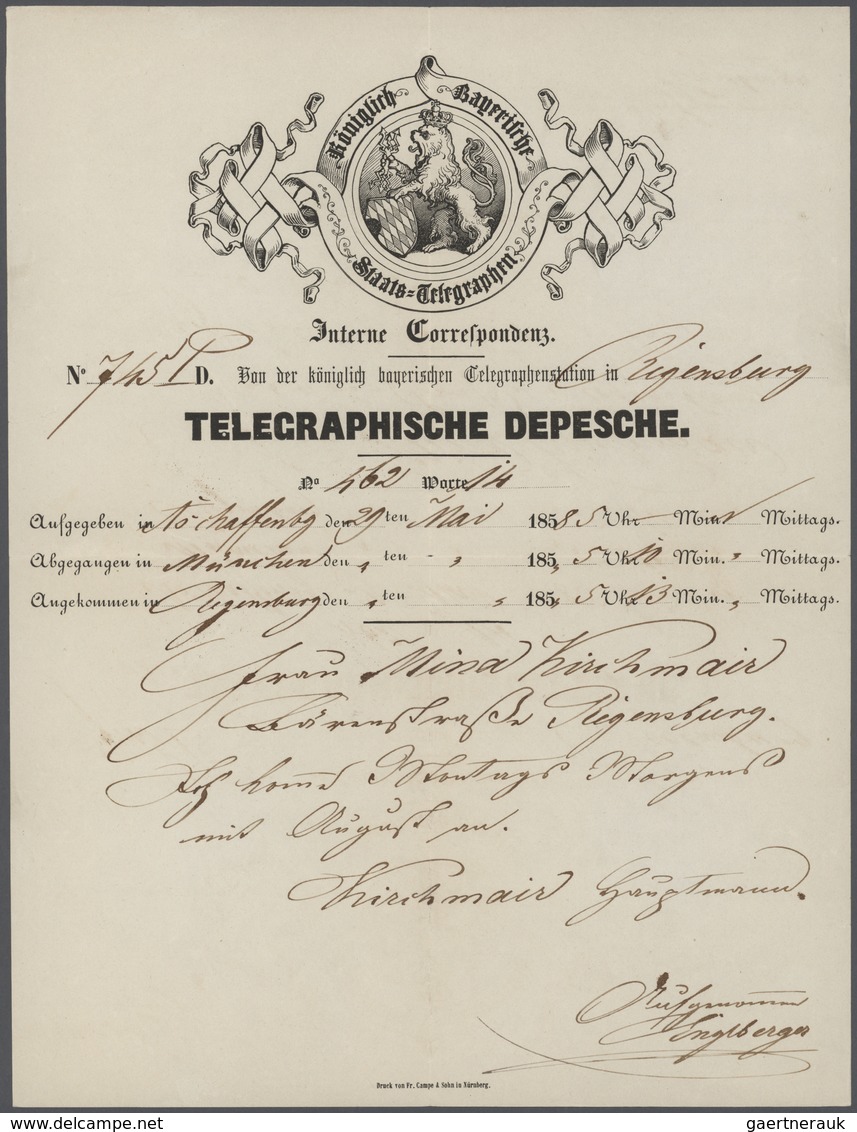 Bayern - Besonderheiten: 1858, "TELEGRAPHISCHE DEPESCHE" Dekoratives Telegramm Von Aschaffenburg Nac - Sonstige & Ohne Zuordnung