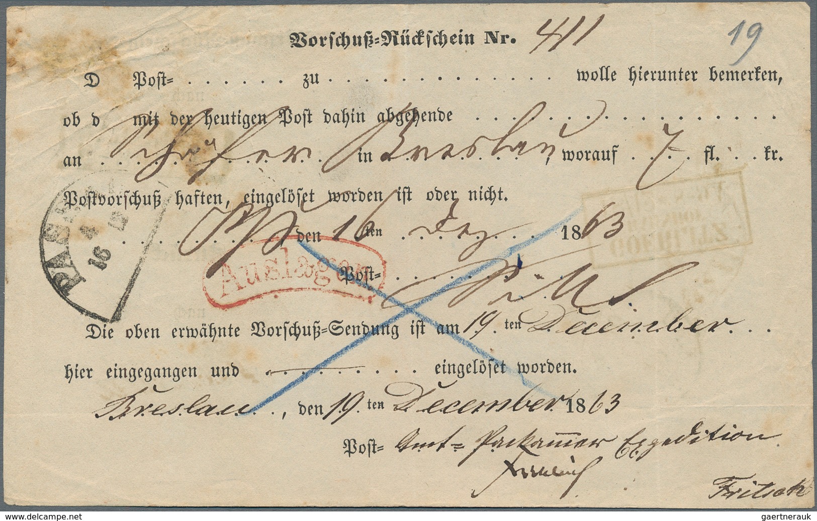 Bayern - Besonderheiten: 1863, "Vorschuß-Rückschein" Mit HKr PASSAU Und Rotem Nierenstempel "Auslage - Autres & Non Classés