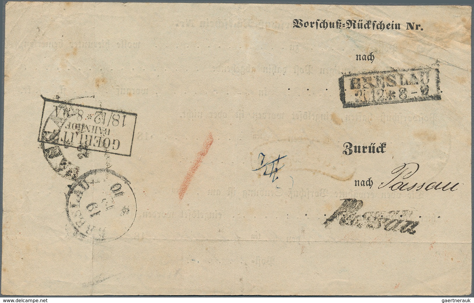 Bayern - Besonderheiten: 1863, "Vorschuß-Rückschein" Mit HKr PASSAU Und Rotem Nierenstempel "Auslage - Sonstige & Ohne Zuordnung