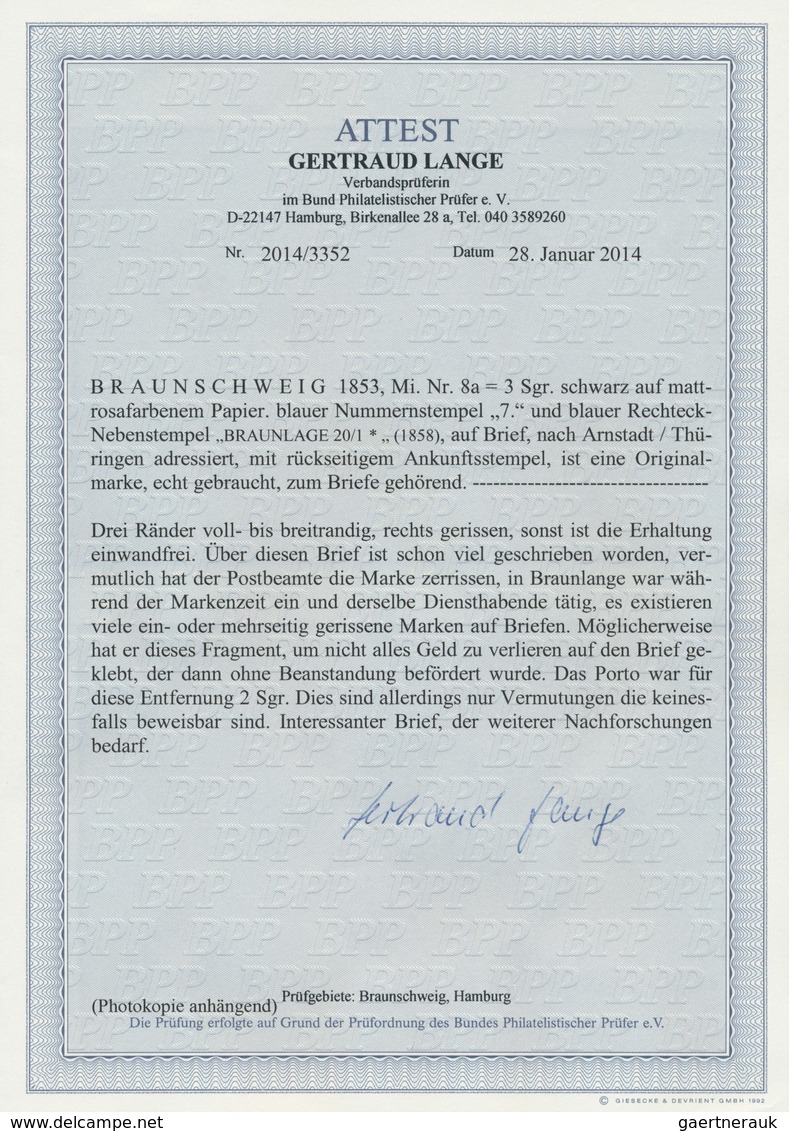 Braunschweig - Marken und Briefe: 1853. 3 Sgr. schwarz auf mattrosa, Mi.-Nr. 8a als Zweidrittelung a