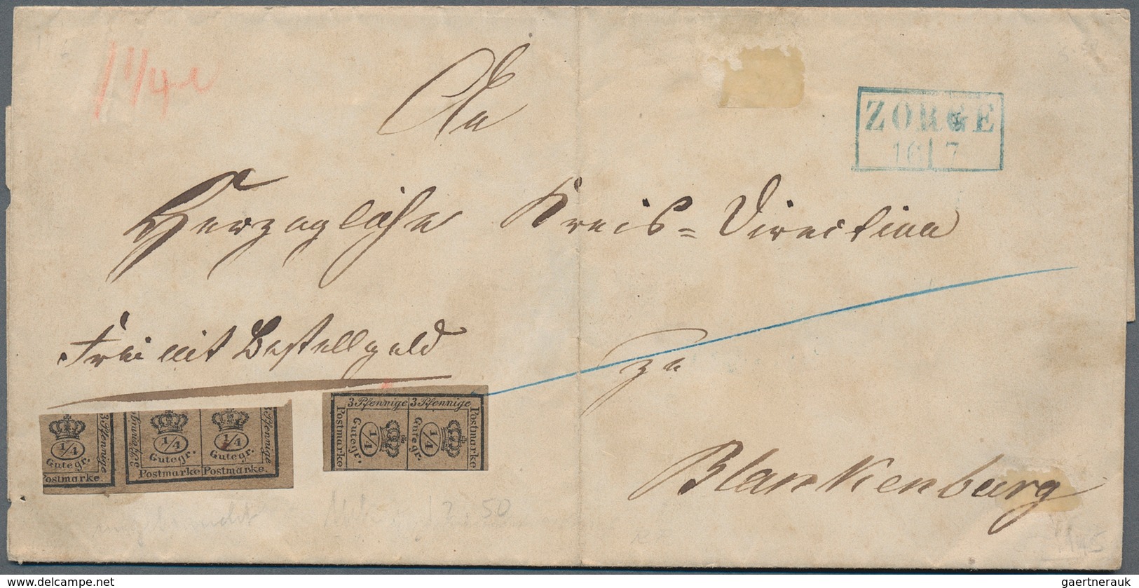 Braunschweig - Marken Und Briefe: 1857, 3/4 Und 2/4 Ggr Auf Faltbriefhülle Von ZORGE (blauer Ra2) Na - Brunswick