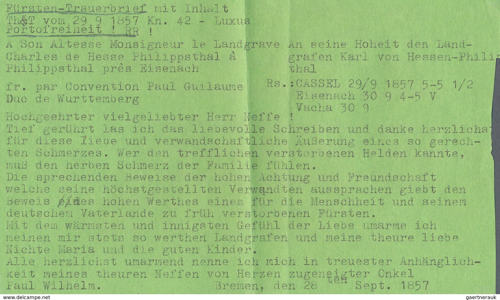 Bremen - Thurn & Taxis'sches Oberpostamt: 1857, Fürsten-Kondolenzbrief Zum Tode Des Fürsten Von Hess - Bremen