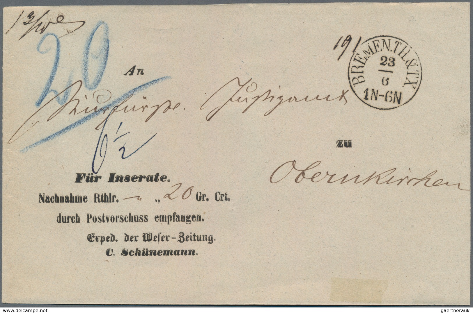 Bremen - Thurn & Taxis'sches Oberpostamt: 1860 (ca.), Zwei Postvorschuss-Briefe, Jeweils Mit EKr BRE - Bremen