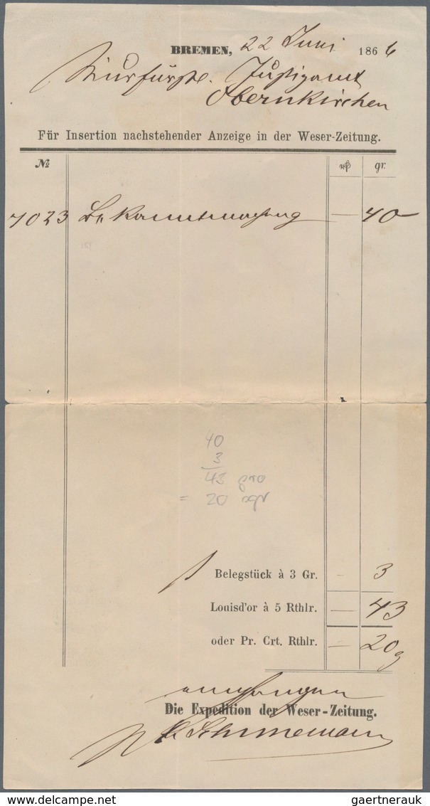 Bremen - Thurn & Taxis'sches Oberpostamt: 1860 (ca.), Zwei Postvorschuss-Briefe, Jeweils Mit EKr BRE - Brême