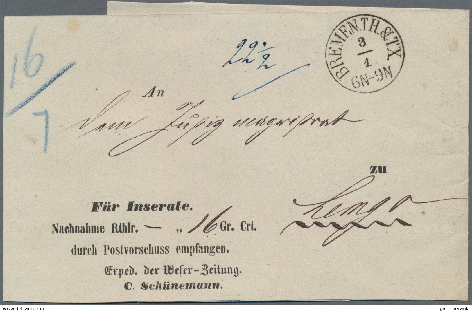 Bremen - Thurn & Taxis'sches Oberpostamt: 1860 (ca.), Inseraten-Nachnahme-Streifband Der Weser-Zeitu - Bremen