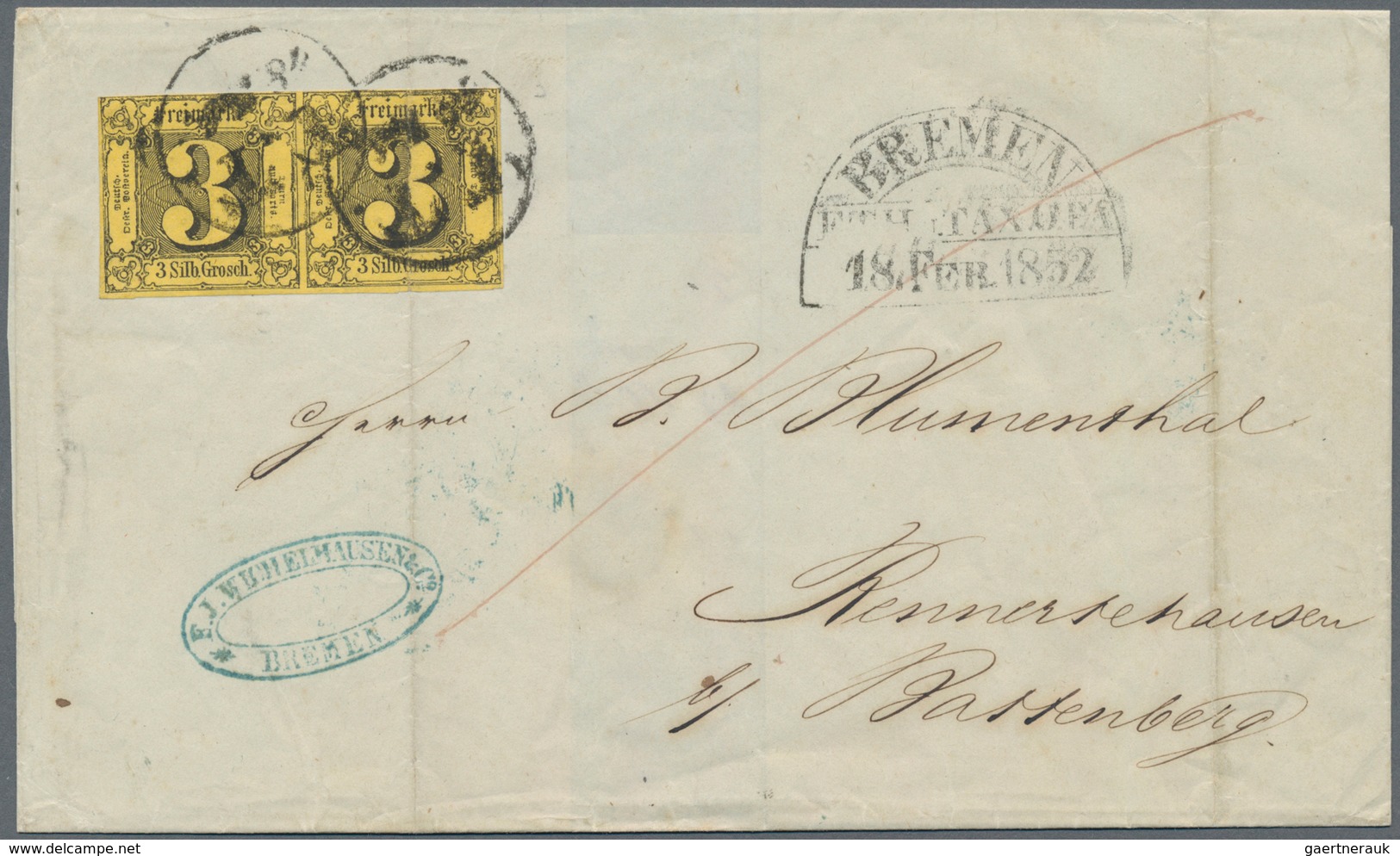 Bremen - Thurn & Taxis'sches Oberpostamt: 1852, 18. Feb., Der Gleiche EKr TT/Datum, Mit Nebengesetzt - Brême