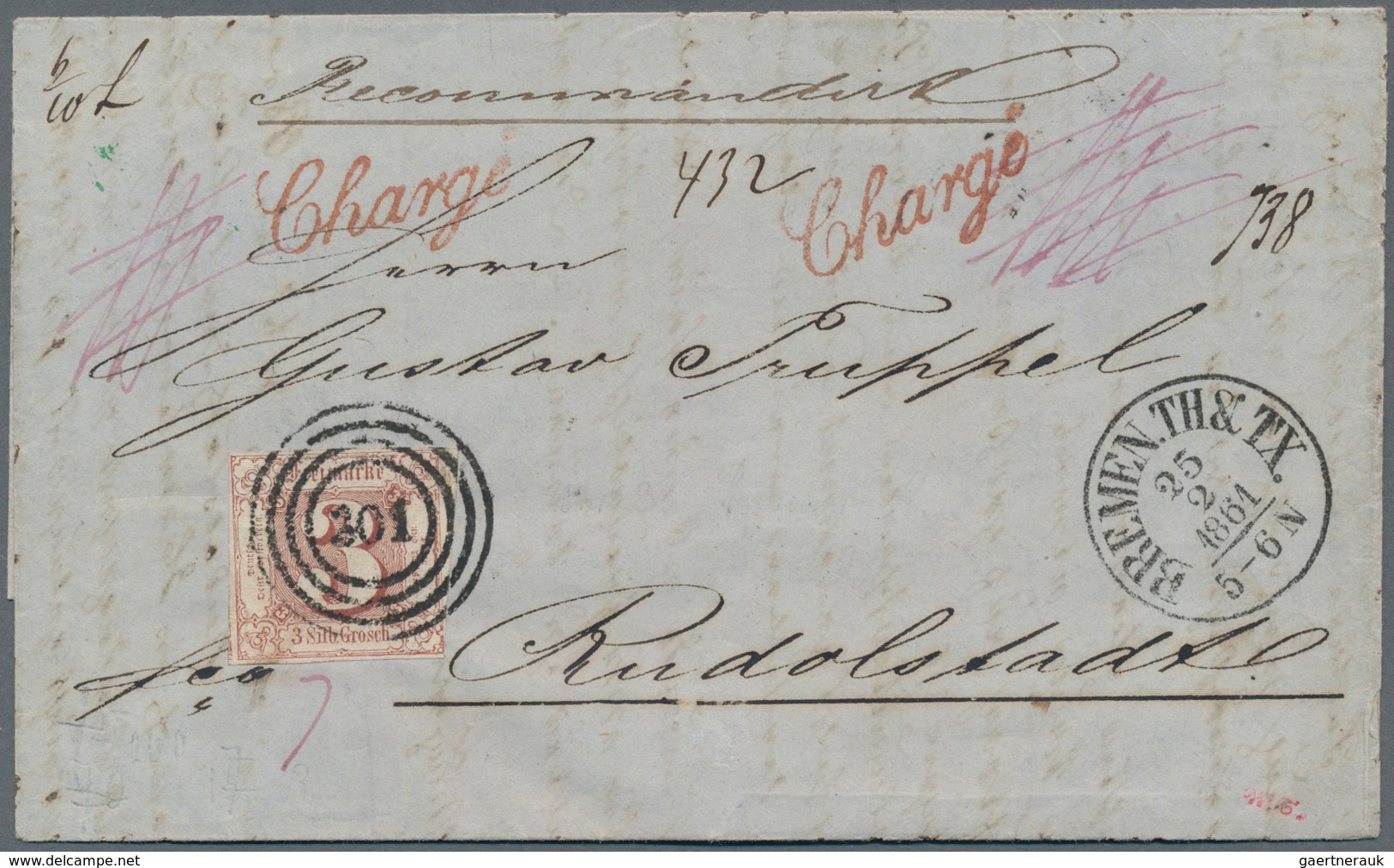 Bremen - Thurn & Taxis'sches Oberpostamt: 1861, 25.2., Recobrief Nach Rudolstadt, Mit Vollrandiger 3 - Bremen
