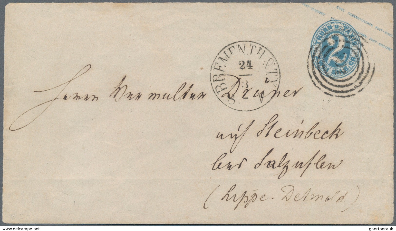 Bremen - Thurn & Taxis'sches Oberpostamt: 1863-64 (ca.), EKr BREMEN TH & TX O.Jz. Auf Ganzsache 2 Sg - Bremen