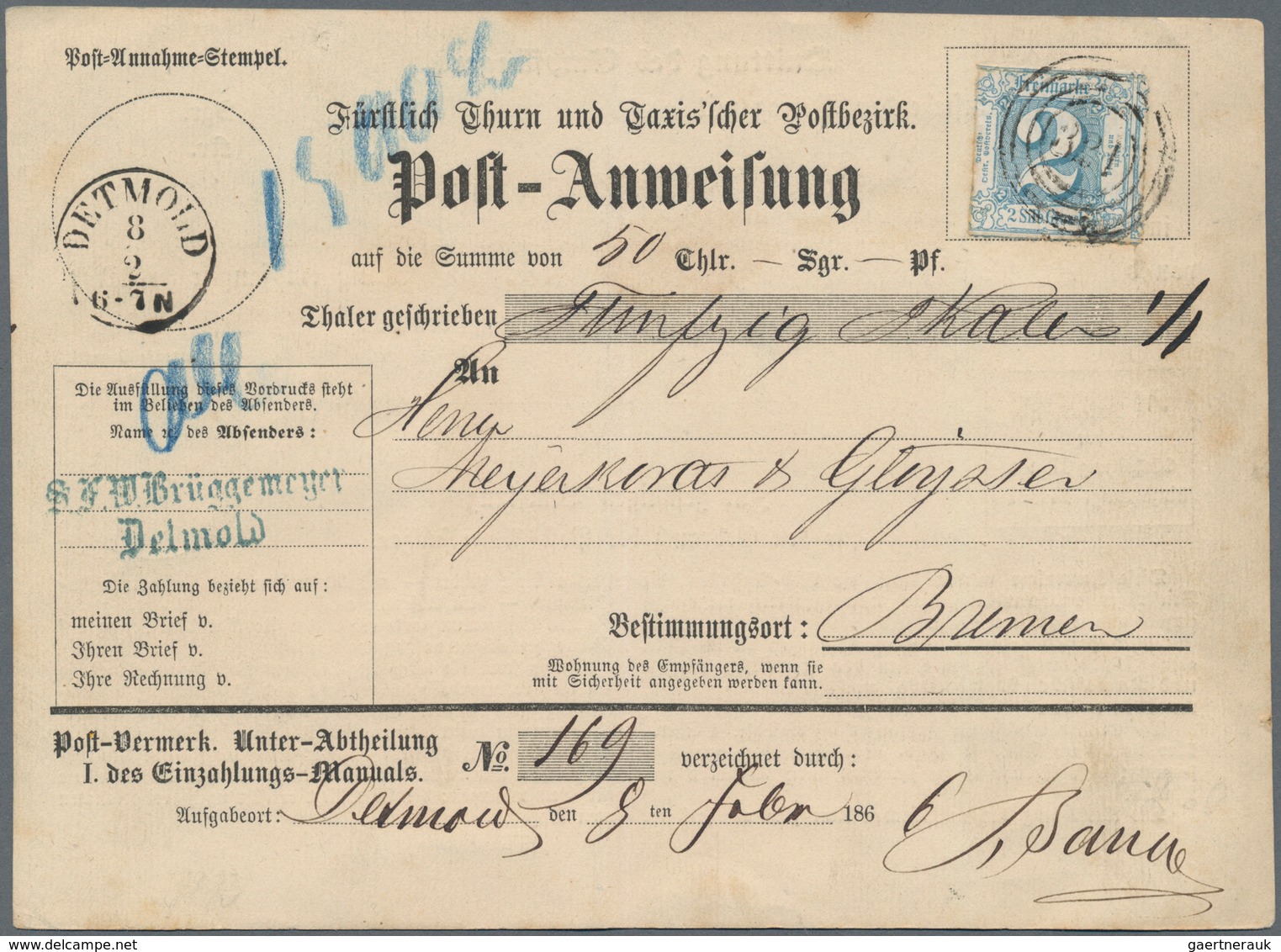 Bremen - Thurn & Taxis'sches Oberpostamt: 1866, Postanweisung über 50 Thaler, Von Detmold Nach Breme - Bremen
