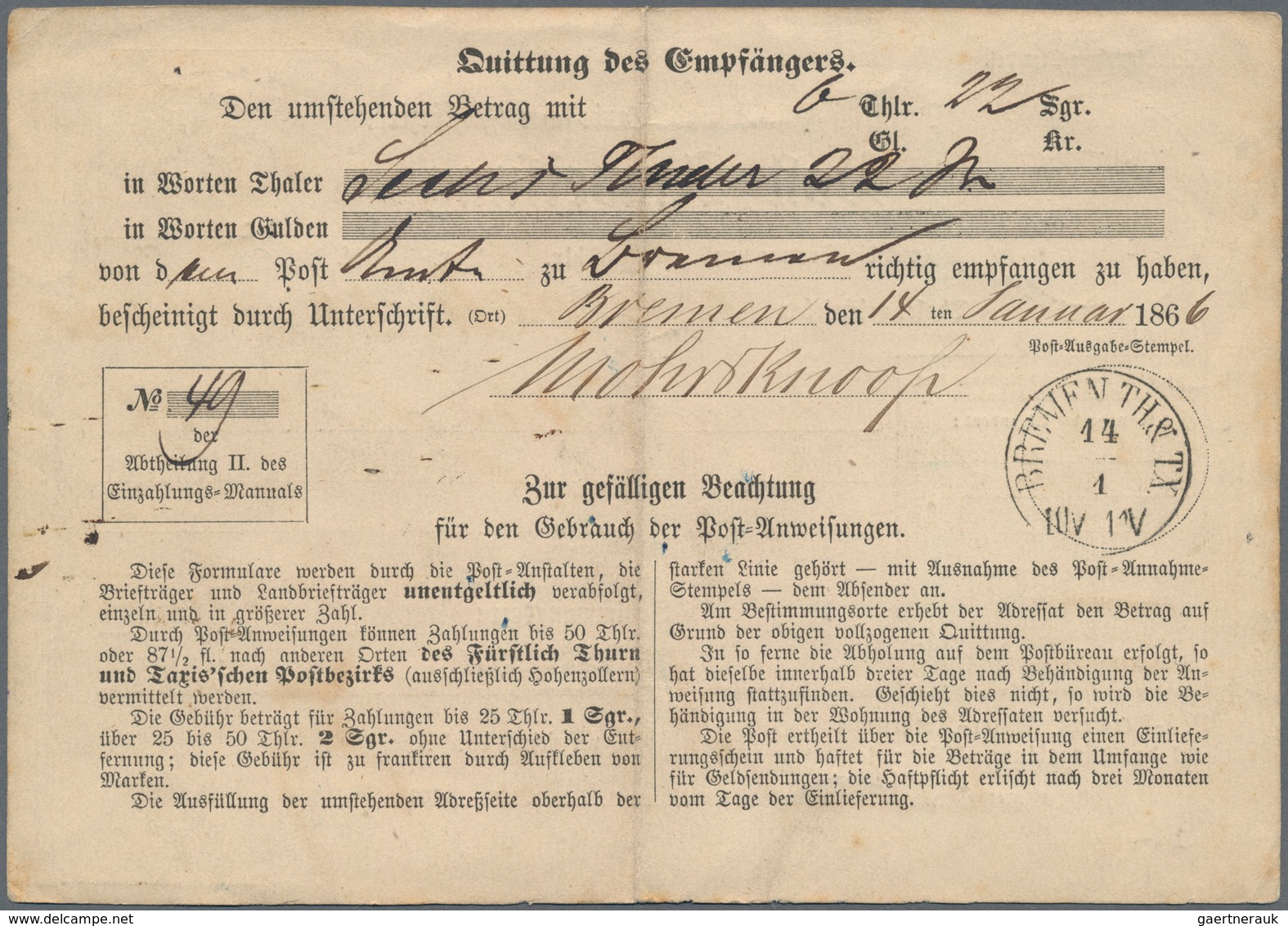 Bremen - Thurn & Taxis'sches Oberpostamt: 1866, Postanweisung über 50 Thaler, Von Detmold Nach Breme - Bremen