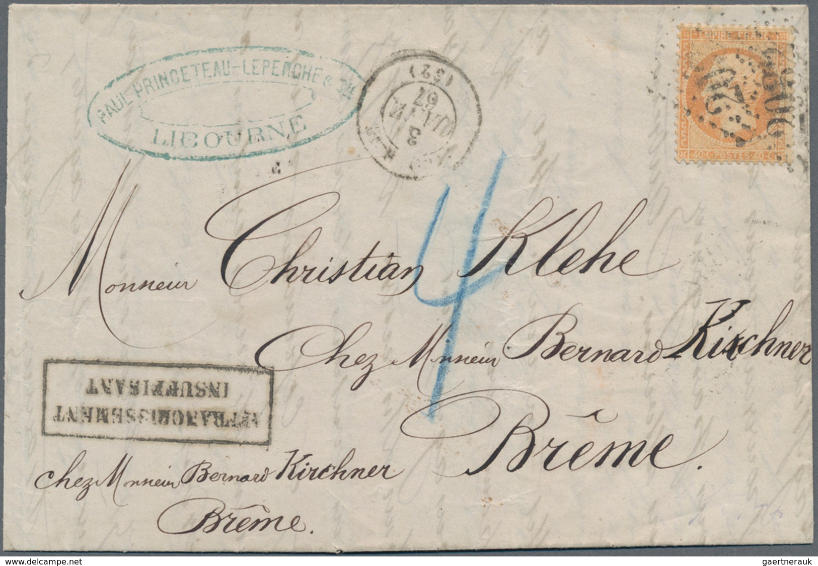 Bremen - Thurn & Taxis'sches Oberpostamt: 1867, Eingehende Post Aus Frankreich. Brief Aus LIBOURNE, - Bremen