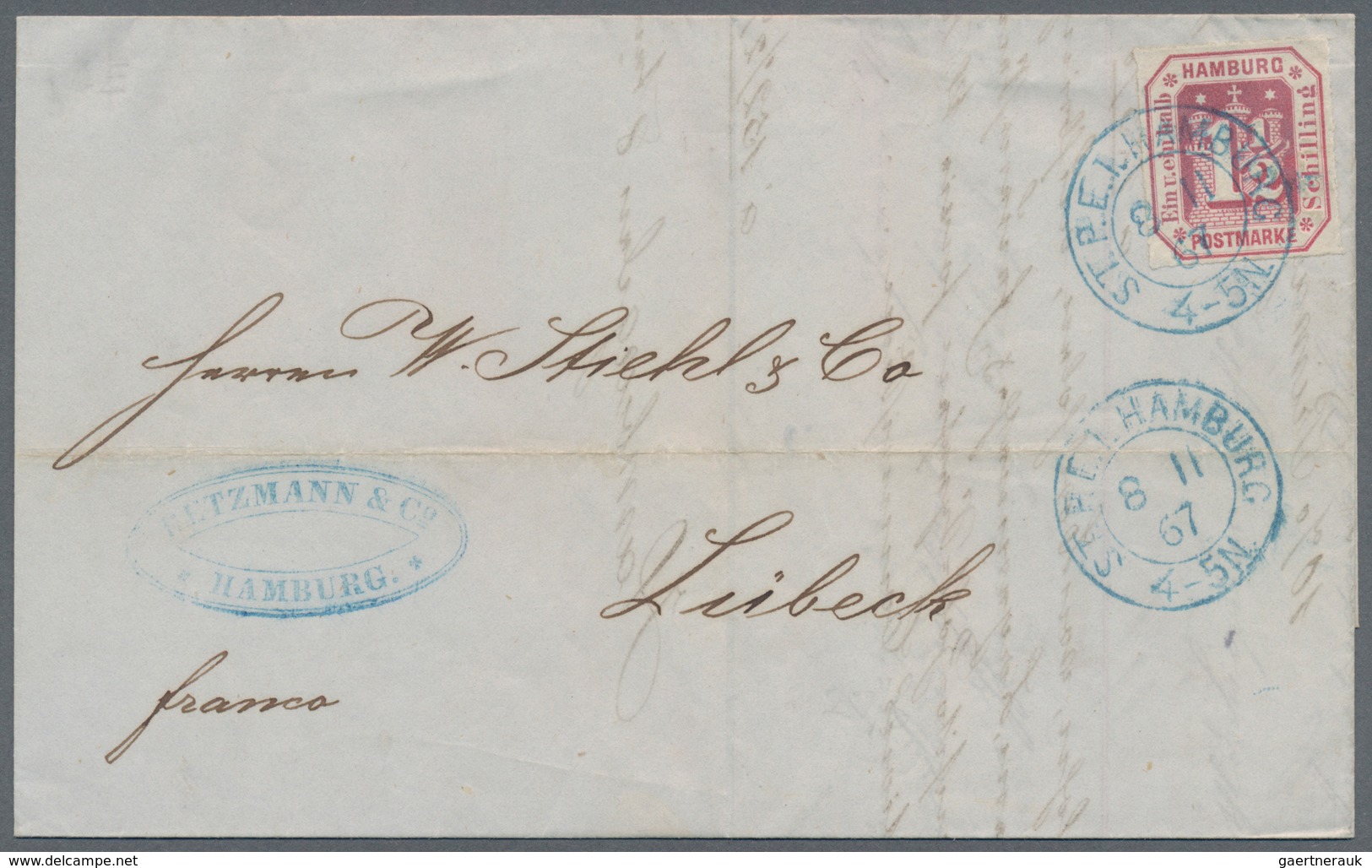 Hamburg - Marken Und Briefe: 1865, Wappen-Achteck 1½ Schilling Rötlichviolett Mit Blauem K2 ""ST.P. - Hambourg