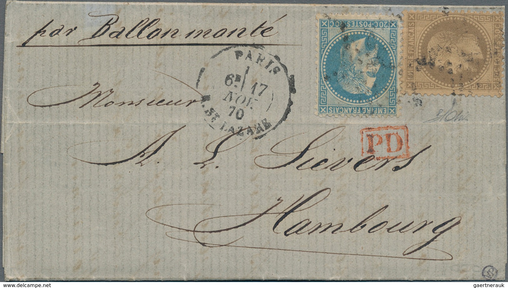 Hamburg - Marken Und Briefe: 1870 BALLON MONTÉ: Kleiner Faltbrief Von Paris Nach Hamburg, Geflogen M - Hambourg