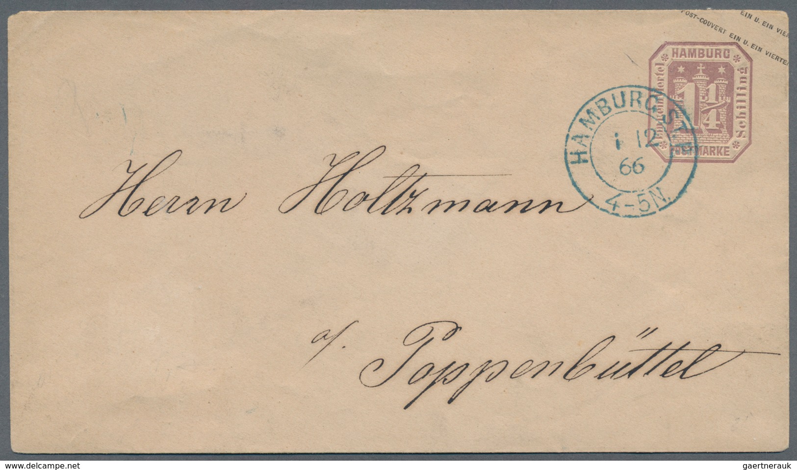 Hamburg - Ganzsachen: 1865, GA-Umschlag 1¼ Schilling Rötlichviolett Mit Blauem K2 ""HAMBURG ST.P. 1 - Hambourg