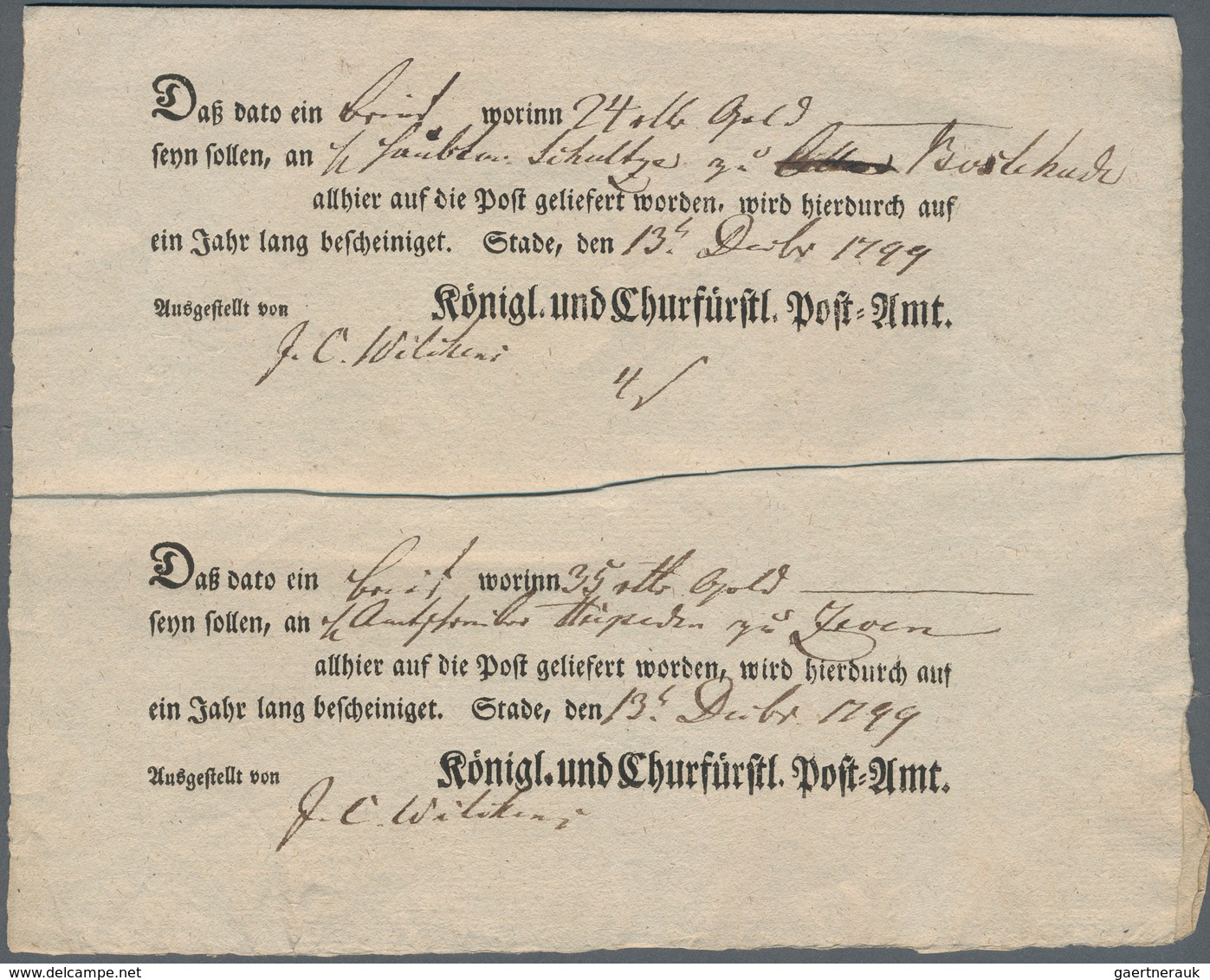 Hannover - Vorphilatelie: 1799, STADE: Vier Zusammenhängende Ortsdruck-Postscheine Für Vier Einliefe - [Voorlopers