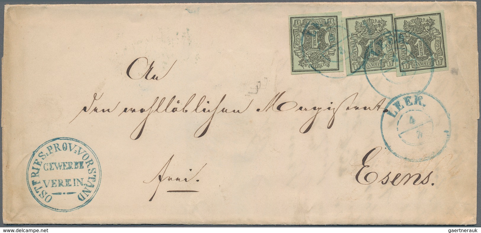 Hannover - Marken Und Briefe: 1851, Dreimal Wappen 1 Ggr. Auf Graugrün Mit WZ 2 Auf Schwererem Faltb - Hanovre