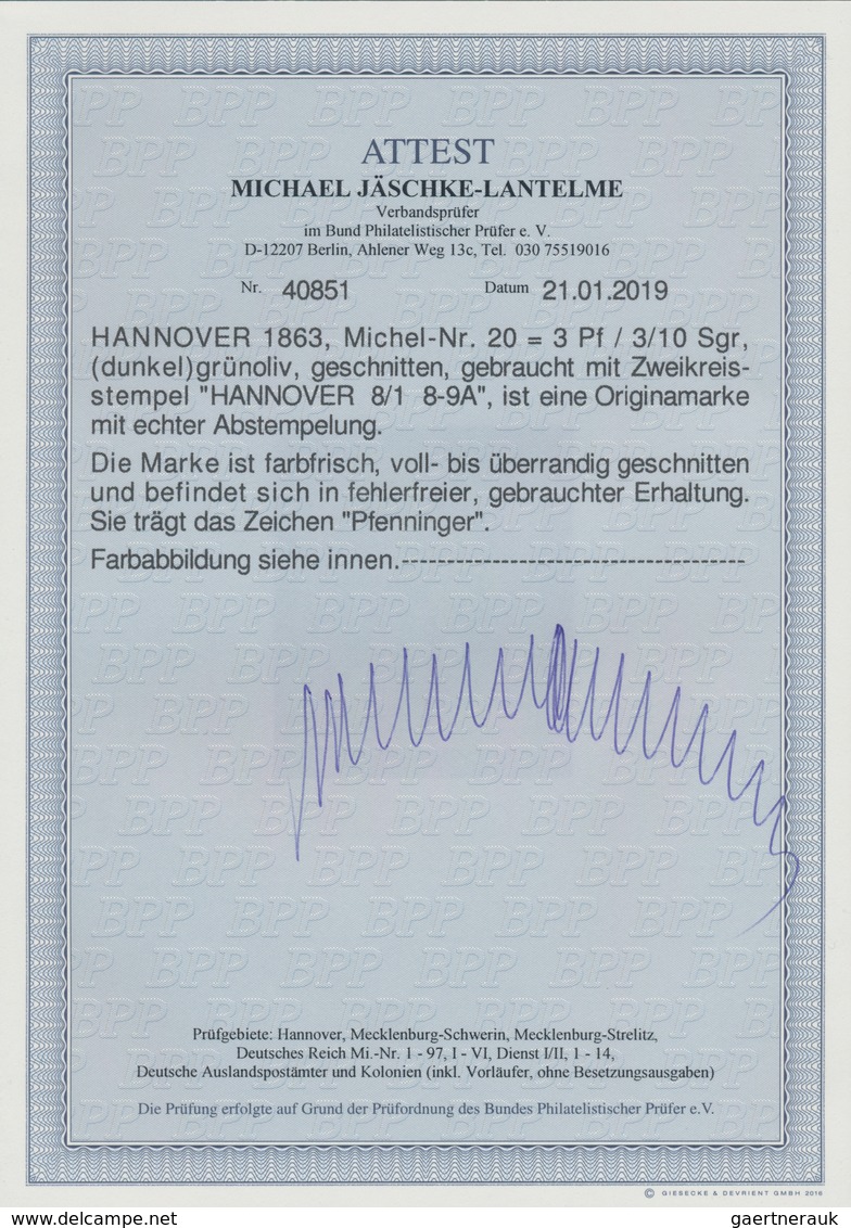 Hannover - Marken Und Briefe: 1863, 3 Pf/ 3/10 Sgr. Dunkelolivgrün Entwertet Mit K2 HANNOVER, Die Ma - Hanovre