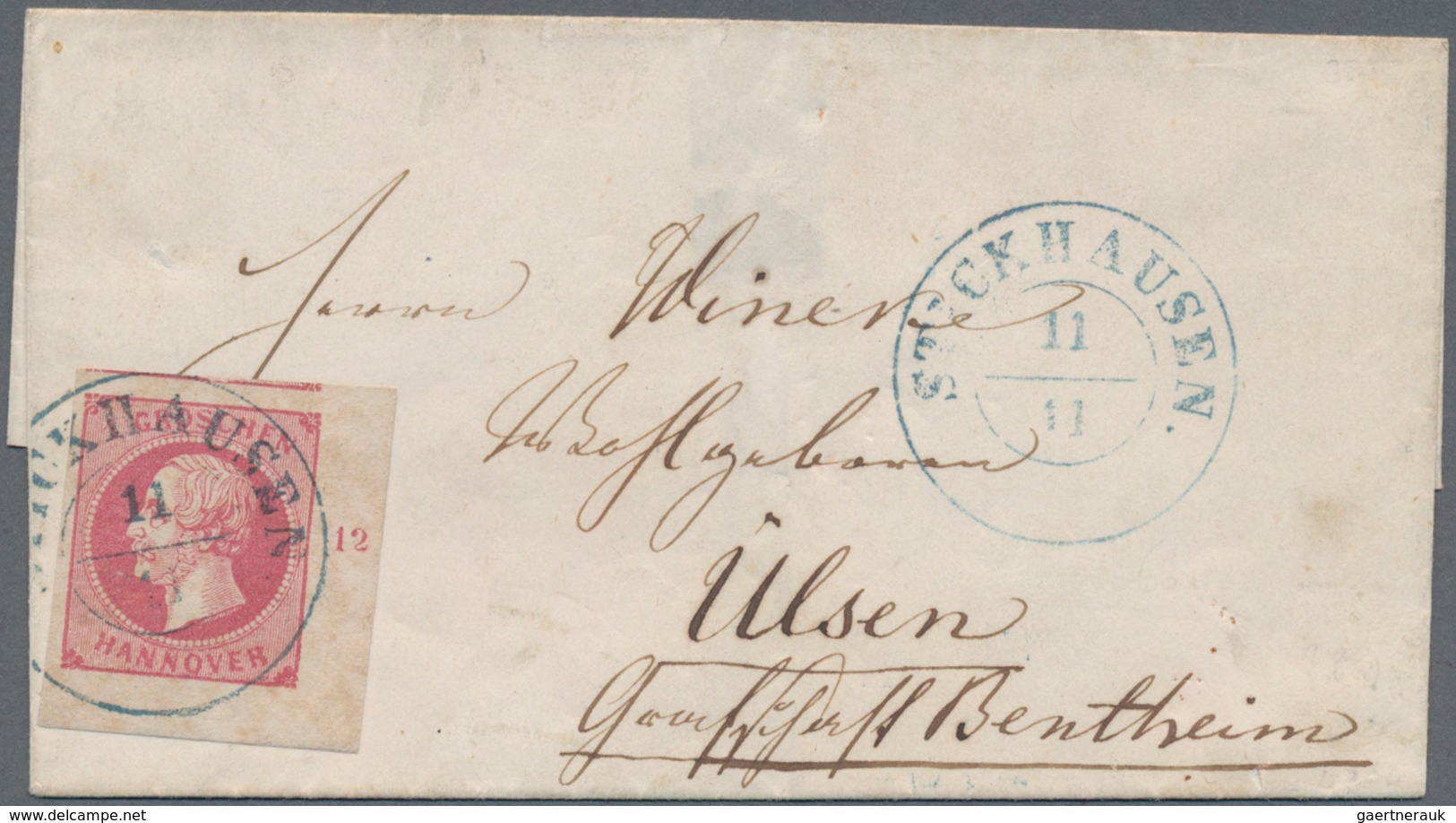 Hannover - Kreisstempel: STICKHAUSEN 11/11 Blauer K2 Auf Kabinett-Brief Mit 1859, 1 Gr. Rotkarmin Al - Hanovre