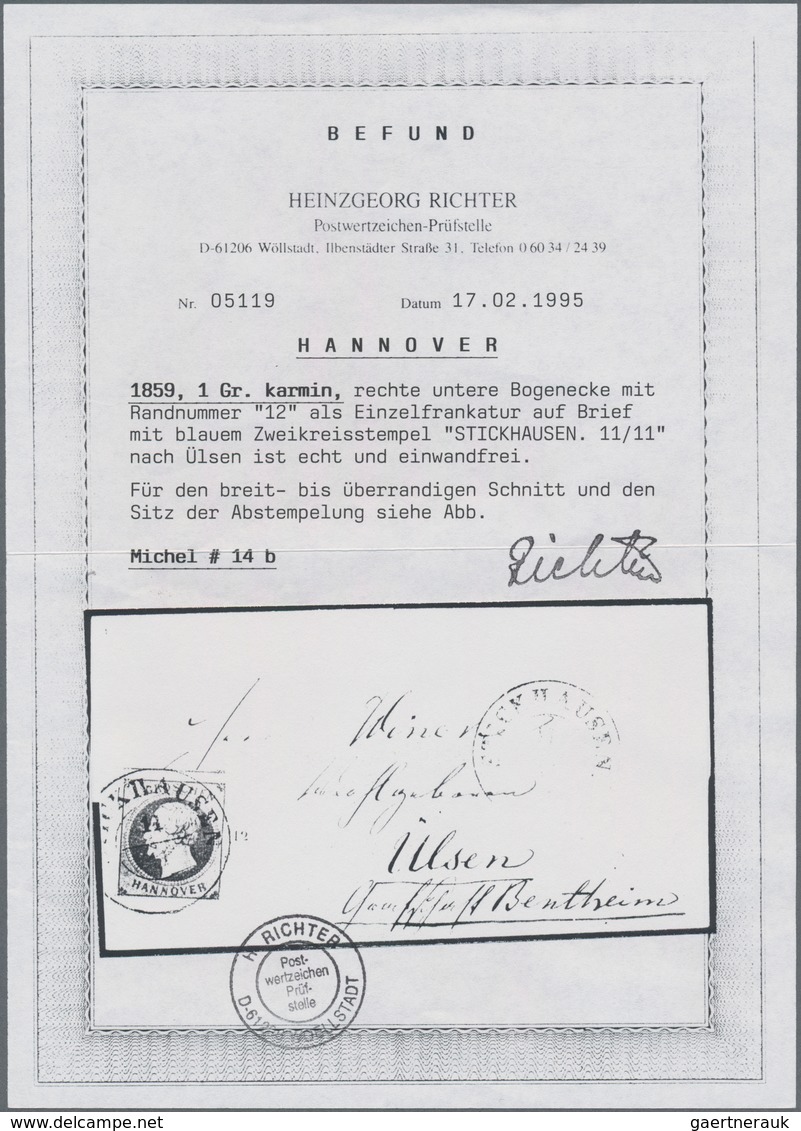 Hannover - Kreisstempel: STICKHAUSEN 11/11 Blauer K2 Auf Kabinett-Brief Mit 1859, 1 Gr. Rotkarmin Al - Hannover