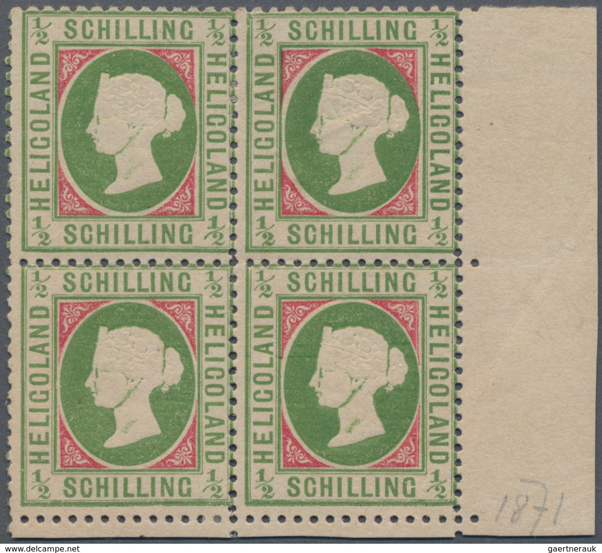 Helgoland - Marken Und Briefe: 1871, 1/2 Schilling Grünoliv/karminrot Im 4er-Block Vom Rechten Unter - Heligoland
