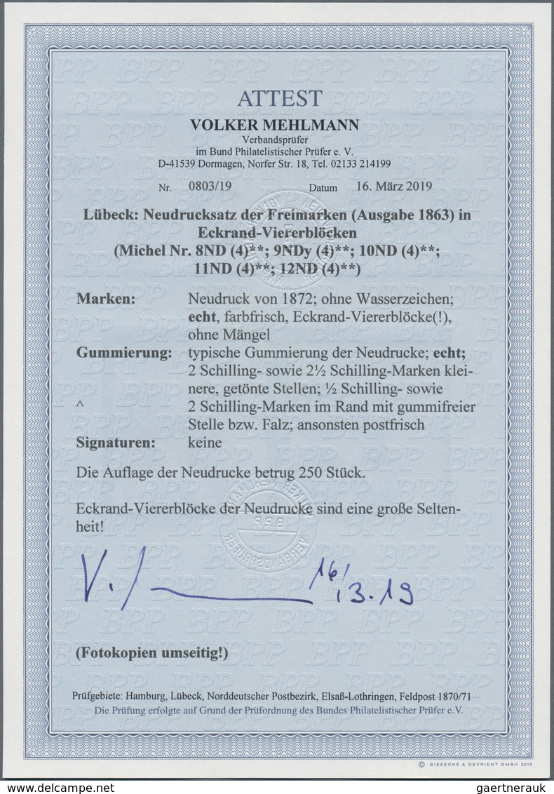 Lübeck - Marken Und Briefe: LüBECK, Ausgabe 1863 Komplett Als NEUDRUCKE Einheitlich In ECKRAND-VIERE - Luebeck