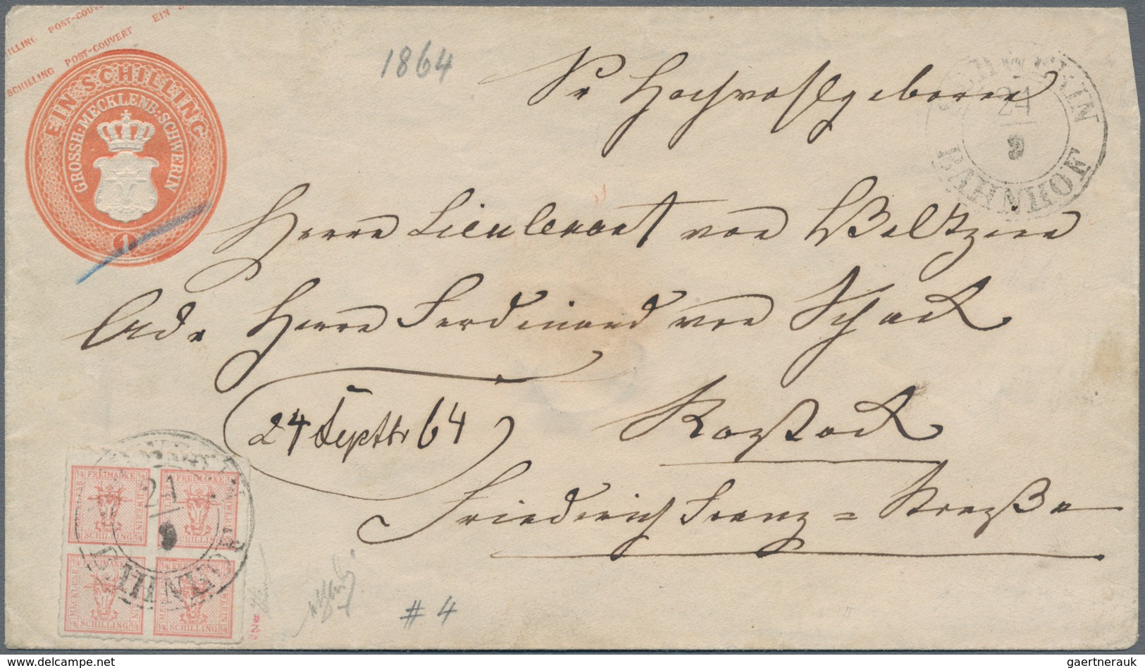 Mecklenburg-Schwerin - Marken Und Briefe: 1864, 1 S Orangerot Ganzsachenumschlag Mit Zusatzfrankatur - Mecklenbourg-Schwerin