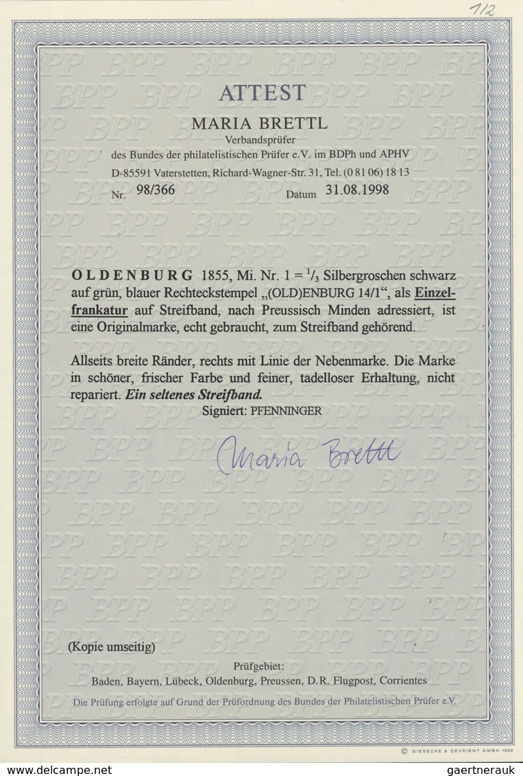 Oldenburg - Marken Und Briefe: 1852: ⅓ Sgr. Schwarz Auf Grün In Frischer Farbe Allseits Breitrandig, - Oldenburg