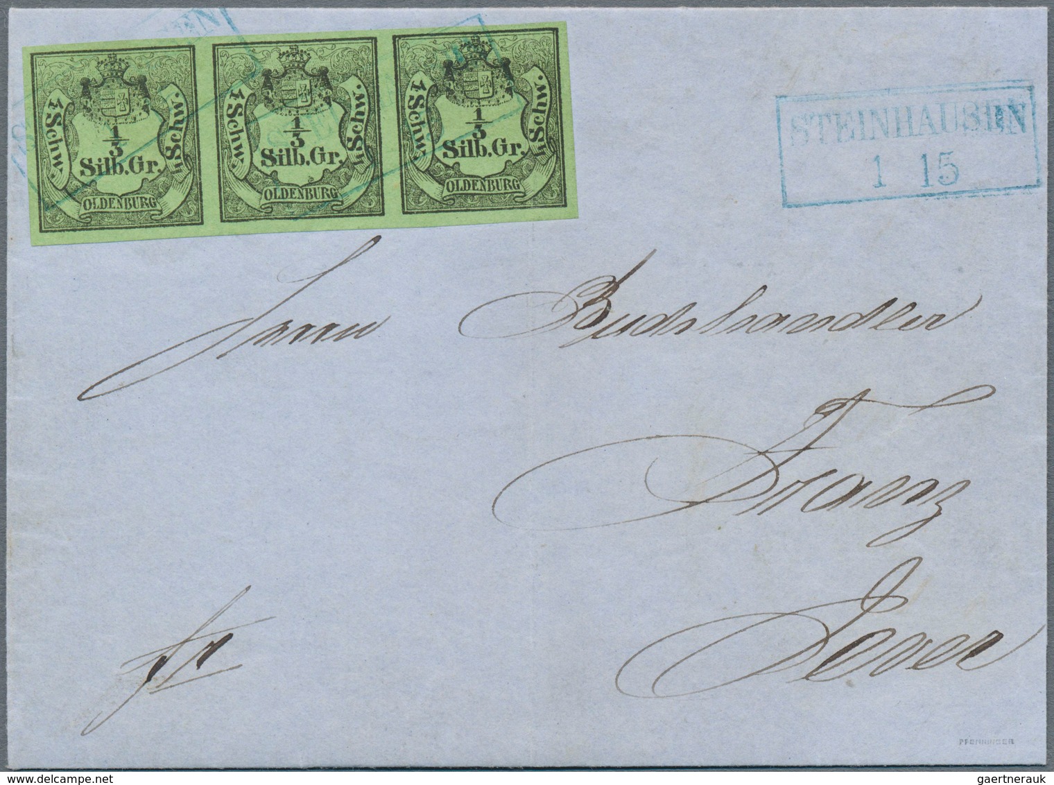 Oldenburg - Marken Und Briefe: 1852: ⅓ Sgr. Schwarz Auf Gelbgrün, Brief Mit Waagerechtem Dreierstrei - Oldenburg