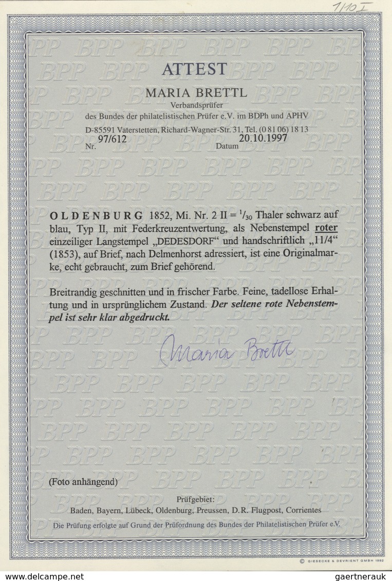 Oldenburg - Marken Und Briefe: 1852: 1/30 Th. Schwarz Auf Blau, Type II In Frischer Farbe, Breitrand - Oldenburg