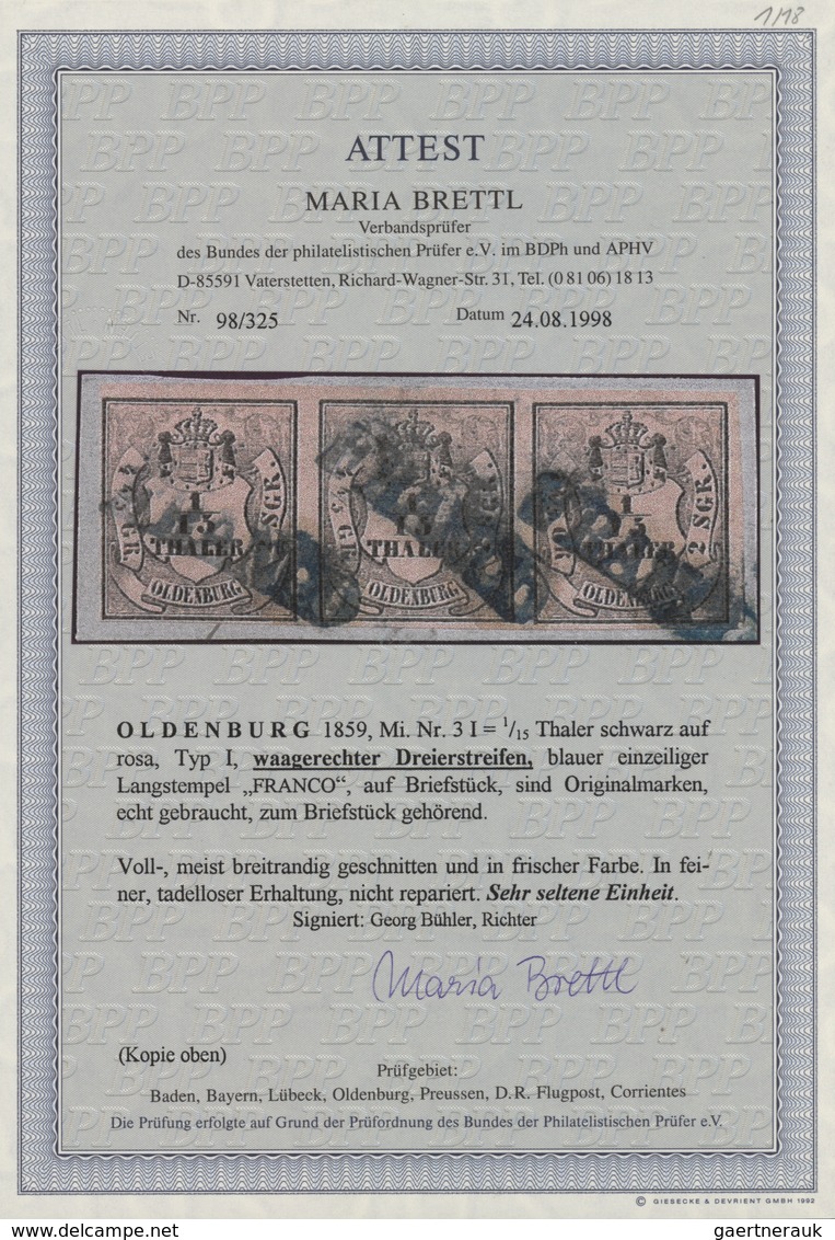 Oldenburg - Marken Und Briefe: 1852: 1/15 Th. Schwarz Auf Rosa, Type I, Waagerechter Dreierstreifen - Oldenbourg