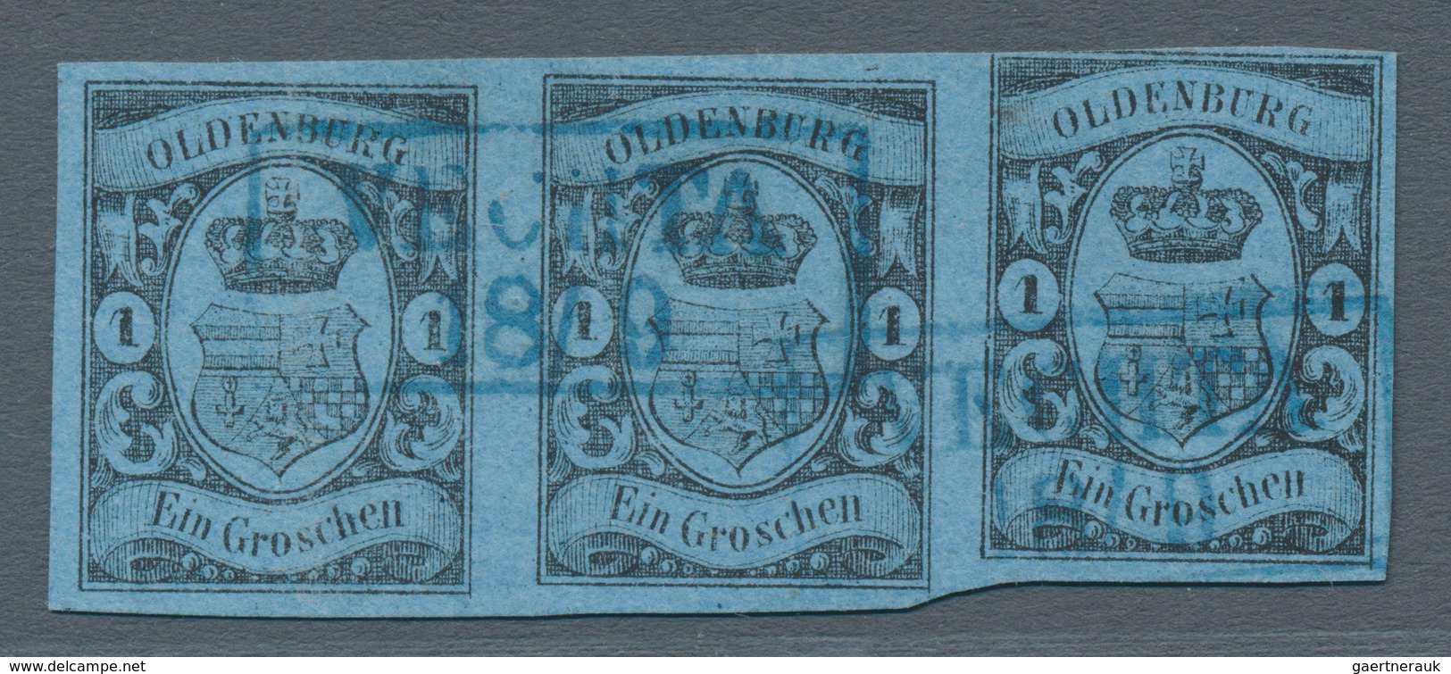 Oldenburg - Marken Und Briefe: 1859/61: 1 Gr. Schwarz Auf Blau, Waagerechter Dreierstreifen, Farbfri - Oldenbourg