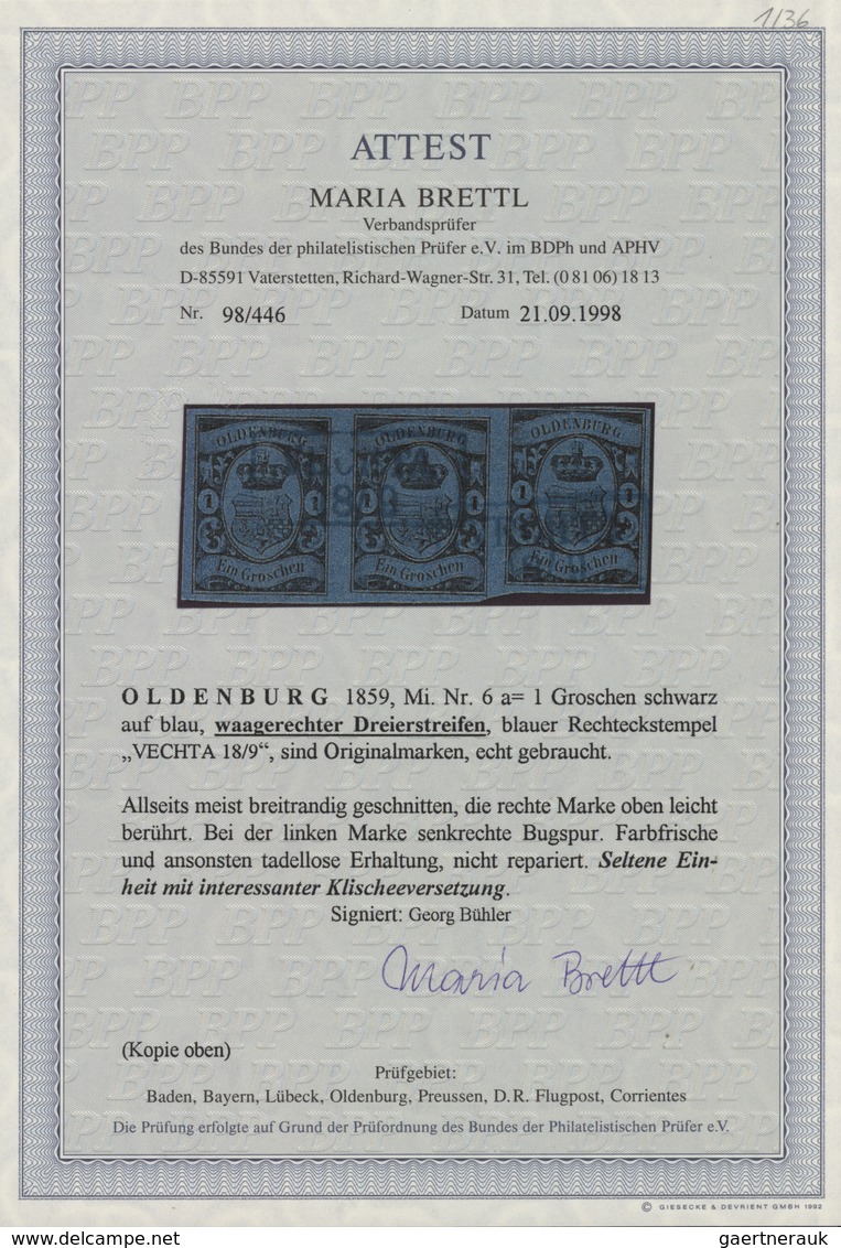 Oldenburg - Marken Und Briefe: 1859/61: 1 Gr. Schwarz Auf Blau, Waagerechter Dreierstreifen, Farbfri - Oldenbourg