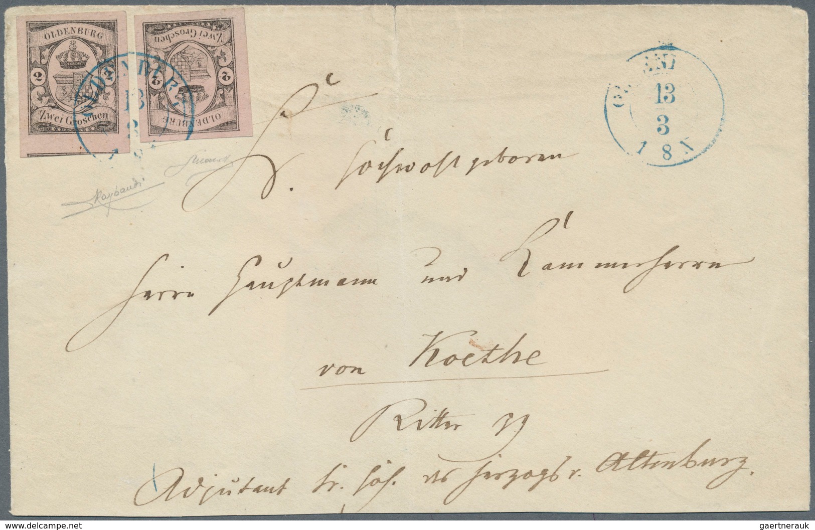 Oldenburg - Marken Und Briefe: 1859/61: 2 Gr. Schwarz Auf Rosa, Sehr Seltene Mehrfachfranktur Von Zw - Oldenburg