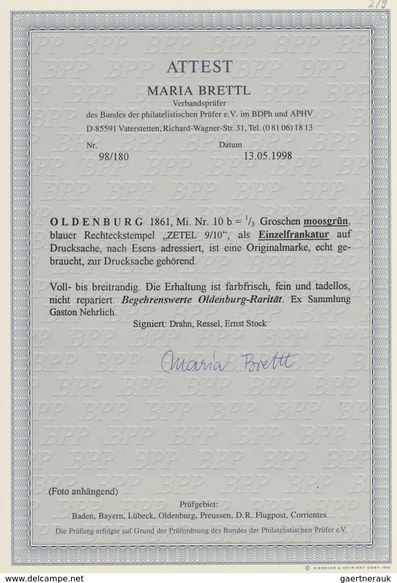 Oldenburg - Marken Und Briefe: 1861: ⅓ Gr. Moosgrün, Farbfrisch, Voll- Bis Breitrandig, Als Einzelfr - Oldenbourg