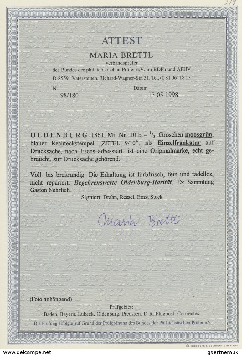 Oldenburg - Marken Und Briefe: 1861: ⅓ Gr. Moosgrün, Farbfrisch, Voll- Bis Breitrandig, Als Einzelfr - Oldenburg