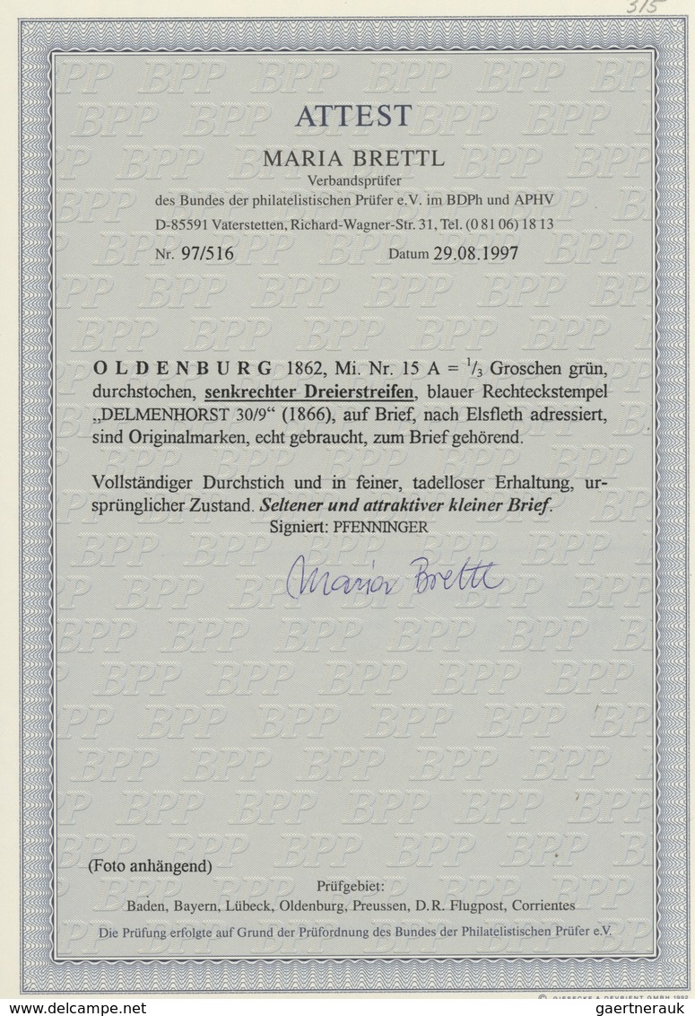 Oldenburg - Marken Und Briefe: 1862: Wappen ⅓ Gr. Grün, Eng Durchstochen, Senkrechter Dreierstreifen - Oldenburg