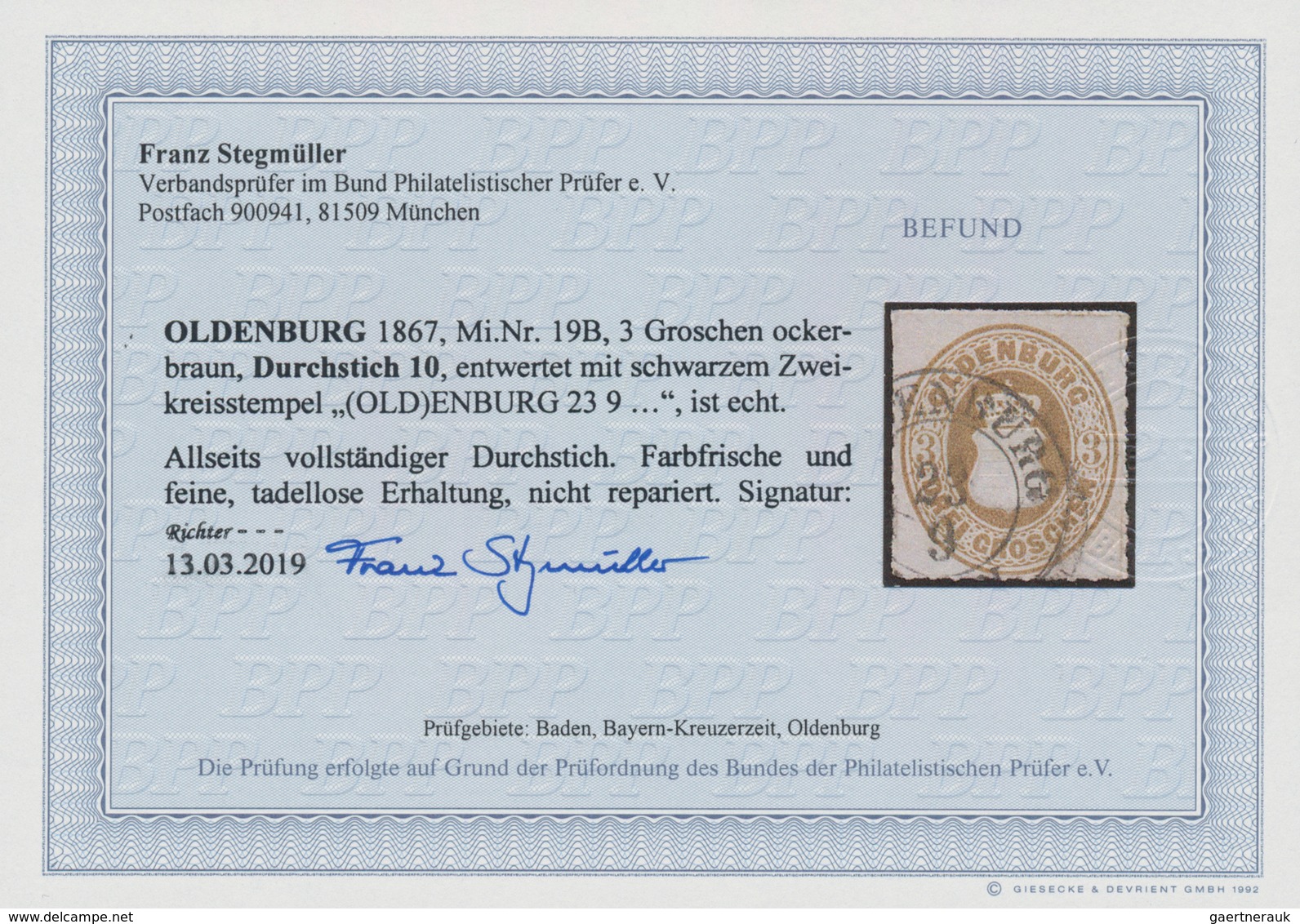 Oldenburg - Marken Und Briefe: 1867, 3 Groschen Ockerbraun Mit Durchstich 10 Entwertet Mit Schwarzem - Oldenburg
