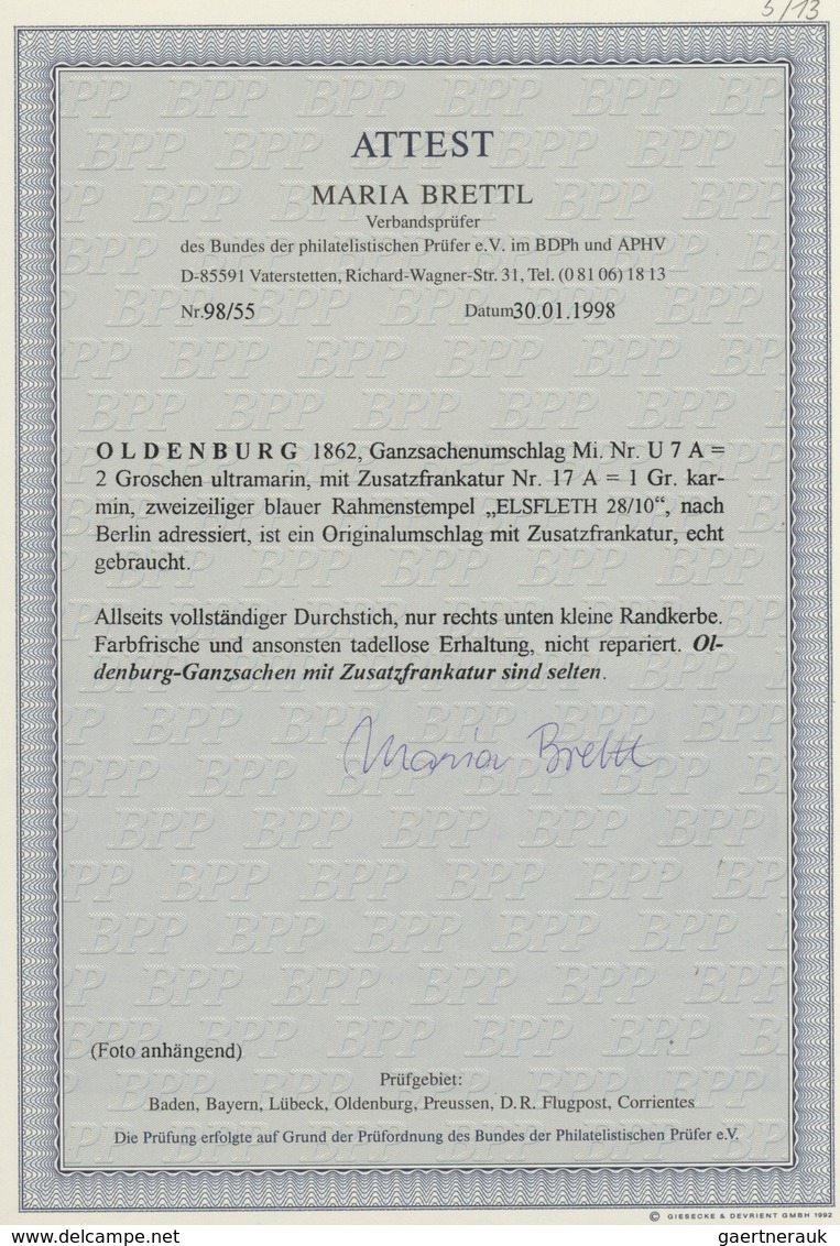 Oldenburg - Ganzsachen: 1862: Ganzsachen-Umschlag, Wertstempel Rechts, Kurze Gummierung, 2 Gr. Ultra - Oldenbourg